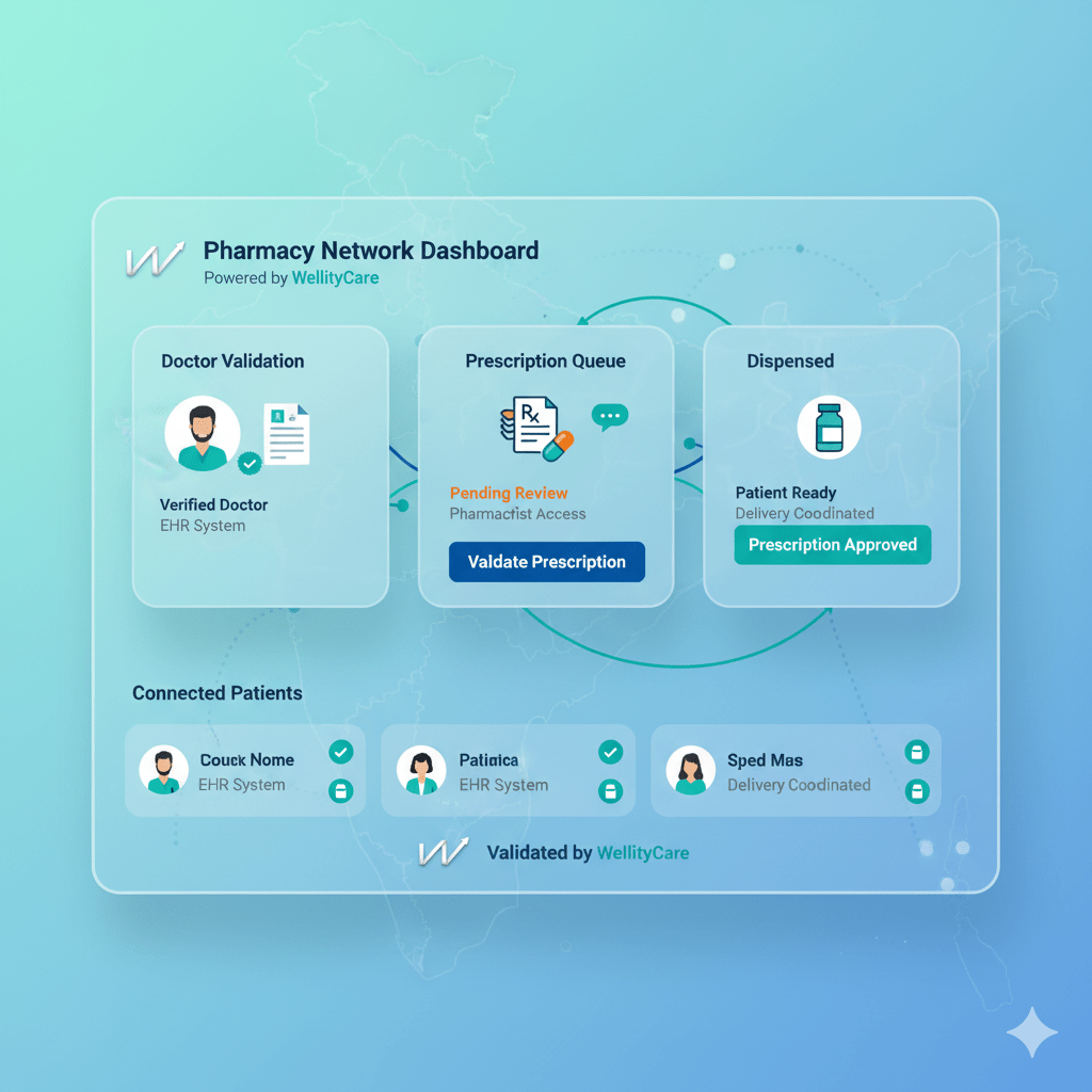 Pharmacy telemedicine dashboard validating prescriptions with WellityCare